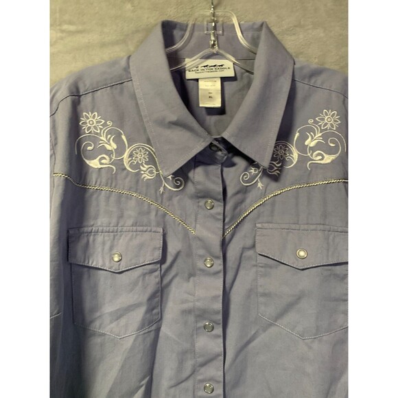 Back in the Saddle Shirt XL Blue Embroidered Flower Pearl Snap Western Cowgirl - Picture 7 of 16